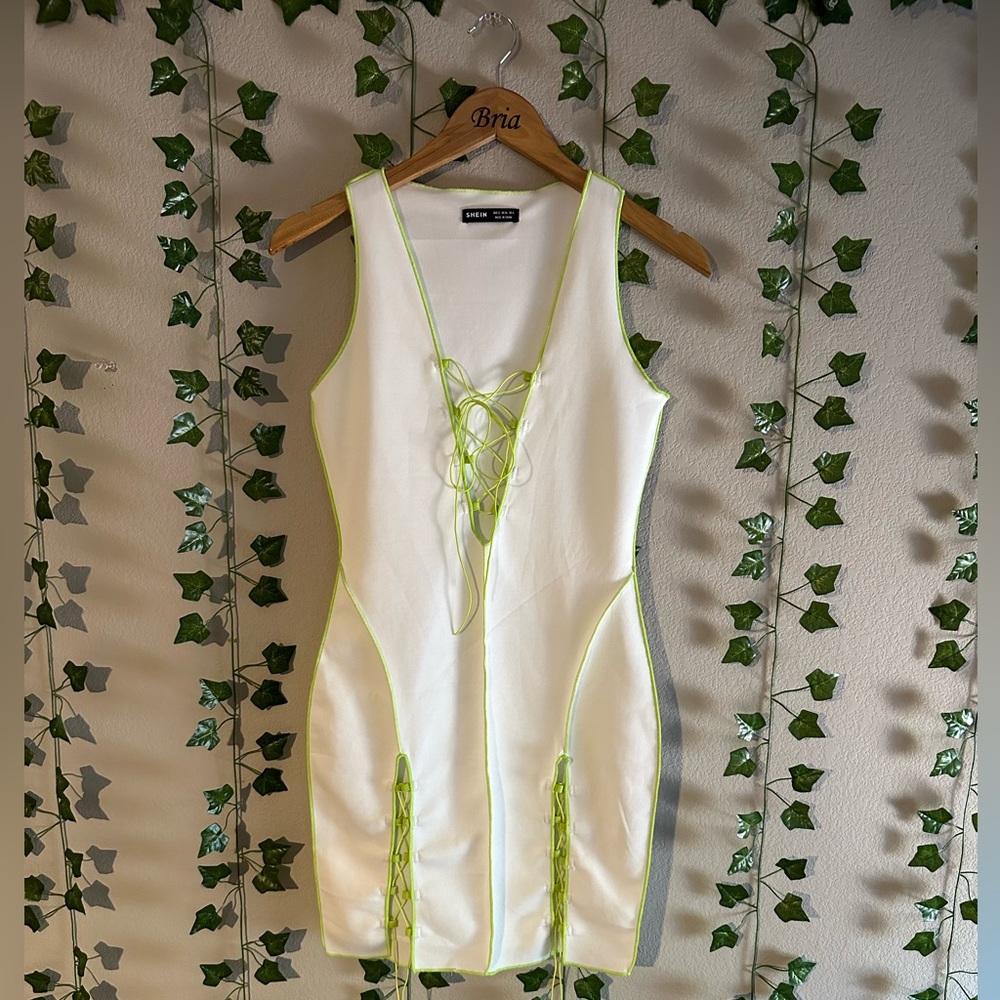 Shein white with green outline mini dress, adjustable ties, size medium
